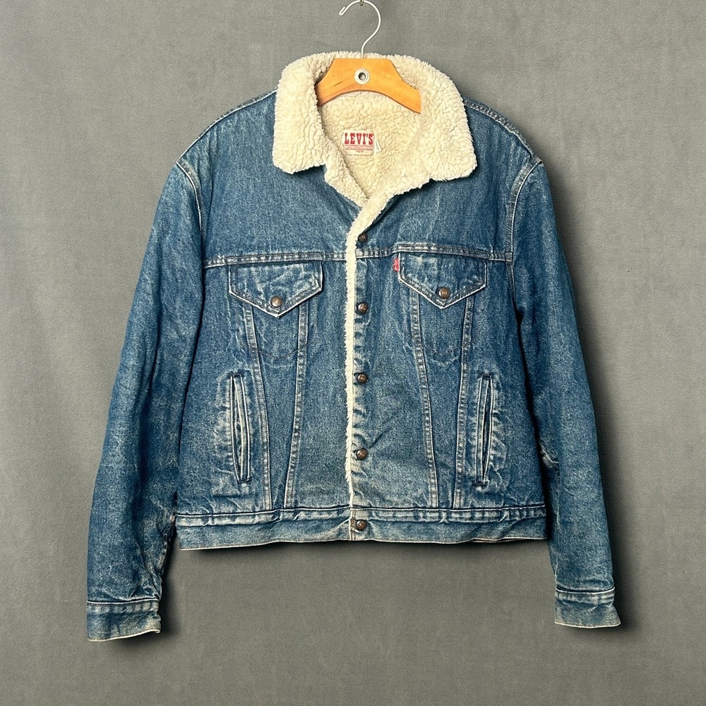 VTG 80s Levis Size 46R Sherpa Lined Denim Trucker Jacket Made In USA Blue Mens